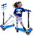 Hurtle 3 Wheeled Scooter for Kids - Stand & Cruise Child/Toddlers Toy Folding Kick Scooters w/Adjustable Height, Anti-Slip Deck, Flashing Wheel Lights, for Boys/Girls 2-12 Year Old HUFS88B (Blue)