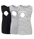 Smallshow Women's Sleeveless Maternity Nursing Clothes Breastfeeding Tank Tops 3-Pack Black-Light Grey-White Stripe M