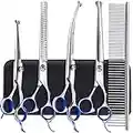 Gimars Professional 4CR Stainless Steel 6 in 1 Grooming Scissors for Dogs with Safety Round Tip, Heavy Duty Titanium Coated Pet Grooming Scissor for Dogs, Cats and Other Animals