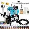 Iwata-Medea Eclipse HP CS Airbrush Set with Cool Runner II Dual Fan Air Tank Compressor System Kit, 12 Color Acrylic Airbrush Paint Artist Set, Hose, Holder, Cleaning Pot, Mixing Cups, How-to Guide