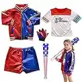 BARVERE Harley Quinn Kostüm Kinder, Karneval Halloween Cosplay Kostüme mit Jacke, T-Shirt, Shorts, Handschuh, Aufblasbarer Baseballschläger und Tatto, Cosplay Kleid Kostüme für Karneval Clown-130cm