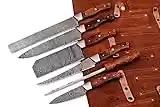 HM-(Brown) Custom Made Damascus Steel #6 Pcs of Professional Utility Kitchen knives Set Comes with Sweet Leather Roll Kit (3712)