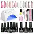 Beetles French White Glitter Gel Nail Polish with U V LED Light Starter Kit，Nude Pink Gel Polish with 48W Nail Lamp Gel Base Top Coat Soak Off Gel Manicure Kits Gifts for Women Girls