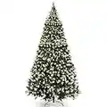 Goplus Pre-lit Snow Flocked Christmas Tree, 9ft Hinged Artificial Xmas Tree w/ Pine Cones, Red Berries & 900 LED Lights, Indoor Holiday Festival Decoration