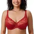 DELIMIRA Women's Plus Size Full Coverage Non Padded Underwire Minimizer Lace Bra Dark Red 36DD