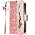 Uposao Cover Compatibile con Samsung Galaxy S10e in Pelle PU Cuoio Cerniera Fiori Pizzo Portafoglio a Libro Custodia Funzione Antiurto Libro con Supporto,Slot per Schede,Cinturino da Polso,Oro Rosa