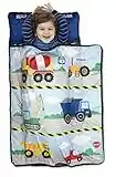 Funhouse Construction Area Trucks Kids Nap-Mat Set – Includes Pillow and Fleece Blanket – Great for Boys Napping during Daycare or Preschool - Fits Toddlers, Blue