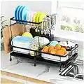 YKLSLH Expandable Dish Drying Rack, 2 Tier Large for Kitchen Counter with Drainboard, Glass and Utensil Holder (Black)