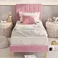 LIKIMIO Twin Bed Frames, Velvet Upholstered Platform Bed Frame with Headboard and Strong Wooden Slats, No Box Spring Needed/Noise-Free/Easy Assembly, Pink