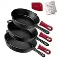 Cast Iron Skillet Set - 8" + 10" + 12"-Inch Pre-Seasoned Frying Pans + Silicone Handle Grip Covers - Indoor/Outdoor, Oven, Grill, Stovetop, BBQ, Fire and Induction Safe Kitchen and Camping Cookware