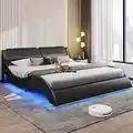 DICTAC Queen Led Bed Frame Modern Faux Leather Upholstered Platform Bed Frame Queen Size with RGB LED Lights and Headboard Wave Like Curve Low Profile Bed Frame,Wood Slats Support,Easy Assembly,Black