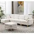 HomSof, White Sectional, Mid Century Modern Couch with Chaise and Ottoman, Polyester Fabric Set for Living Room, U-Shape Sofa