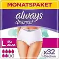 Always Discreet Inkontinenz und Wochenbett Inkontinenz Pants Gr. L, Plus, 32 Höschen, (4 x 8 Stück) für Damen, Monatspaket, schliesst Gerüche und Flüssigkeit sofort ein