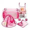 Anivia 5PCs Baby Doll Stroller Set - Baby Doll Accessories Set Includes Doll Stroller/Doll Crib/Play Mat/Feeding Toy/Diaper Bag, Nursery Role Play Set (11" Doll Included) Pink