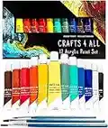 Crafts 4 All Acrylic Paint Set for Kids and Adults - 12 Pack of 12 mL Craft Paint Colours for Wood, Canvas, Fabric, Ceramics and Rock Painting w/Different Sized Brushes - Art Supplies