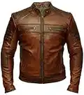 Chaqueta de piel envejecida marrón encerada para motociclista Cafe Racer retro vintage para hombre, marrón, XXXL