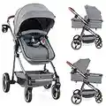 INFANS 2 in 1 High Landscape Convertible Baby Stroller, Newborn Reversible Bassinet Pram, Foldable Pushchair with Adjustable Canopy, Aluminum Structure, 5-Point Harness for Infant & Toddler (Gray)