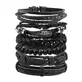 Manfnee 6PCS Braided PU Leather Bracelet Punk Cuff Wrap Bracelets for Men Women Adjustable Black