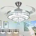 DLLT 42'' Crystal Ceiling Fan with Light, 36W Modern Ceiling Fan Remote, 3-Blade Retractable Led Fan Chandelier Indoor for Living Room, Bedroom, Dining Room, Color Changeable 3000K-6000K Nickel