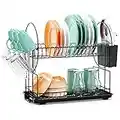 Dish Drying Rack with Drainboard - iSPECLE 2 Tier Dish Rack with Cup Holder Drain Spout Dish Rack and Drainboard Set with Utensil Holder Dish Drainer for Kitchen Counter, Black