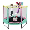 60" Trampoline for Kids, 5FT for Indoor Outdoor with Enclosure Net for Baby Toddler with Basketball Hoop, Recreational Birthday Gifts for Children（Pink）