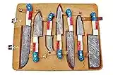 Custom Handmade Damascus Chef Knives Set / Kitchen Knives 7 Pieces Set SS-17309, (Red , Blue Wood and Bone) (Natural Bone and Colored Wood)