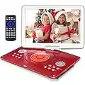 JEKERO 16.9" Portable DVD Player with 6 Hrs 5000mAH Rechargeable Battery, Car DVD Player Portable with 14.1" Large Swivel Screen, Sync TV Support USB/SD Card with Car Charger, Red