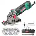 Mini Circular Saw, HYCHIKA Compact Circular Saw Tile Saw with 3 Saw Blades 4A Pure Copper Motor, Scale Ruler, 3-3/8”4500RPM Ideal for Wood, Soft Metal, Tile and Plastic Cuts