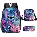 SHANGYE Stitch Rucksack mit Lunch-Tasche, Federmäppchen, 3-teiliges Kinder-Büchertaschen-Set, 3D-gedruckte Reiserucksäcke, Kinder-Schultasche