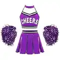 TiaoBug Enfant Fille Déguisement Cheerleaders Costume Pom-pom Girl Cosplay Halloween Carnaval Crop Top Plissé Jupe avec Pompoms Tenue de Fête Violet A 9-10 ans