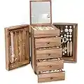 Meangood Jewelry Box Wood for Wowen, 5-Layer Large Organizer Box with Mirror & 4 Drawers for Rings, Earrings, Necklaces, Vintage Style Torched Wood