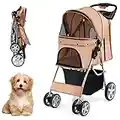 COSTWAY Hundewagen Haustiere Buggy bis 15kg, Hundebuggy mit Netzfenstern & Getränkehalter & Anhänger, Katzenbuggy für kleine Hunde Katzen (Beige)