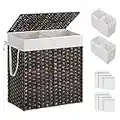 SONGMICS Laundry Hamper with Lid, 110L Clothes Hamper with 2 Removable Liner Bags & 6 Mesh Bags, Wicker Laundry Basket, Double Laundry Hamper for Bathroom, 13 x 22.4 x 23.6 Inches, Brown ULCB052K02