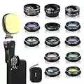 Godefa Phone Camera Lens Kit, 14 in 1 Lenses with Selfie Light for iPhone 14 13 12 11 Xs X Pro Samsung and Other Andriod Smartphone, Universal Clip on Wide Angle+Macro+ Fisheye Camera Lenses