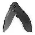 Kershaw Clash Black Serrated Pocketknife, 3" 8Cr13MoV Steel Drop Point Blade, Assisted One-Handed Flipper Opening, Folding Utility EDC