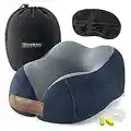 Almohada de Viaje Cuello Espuma Memoria: Set con máscara de Ojos + Tapones + Bolsa de Transporte | Travel Pillow Comoda Suave viscoelastica | Funda Lavable, Avion Tren Coche Adultos Niños