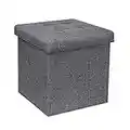 Bonlife Grey Folding Linen Fabric Ottoman Storage Boxes with Lids,32cm Cube Small Footstool Seat Reat Toy Box Storage Chest for Living Room