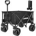 LUXCOL Collapsible Folding Wagon, Heavy Duty Utility Beach Wagon Cart for Sand with Big Wheels, Adjustable Handle&Drink Holders for Shopping, Camping,Garden and Outdoor (Black)