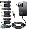 AC/DC Power Supply Adapter, Ymenow 12V 3A Universal Switching Charger with 8 Adapter Tips, 4.9ft Cable for LED Strip Light, Security Camera, Wireless Router (Input 100-240V, Output 12V 3A)