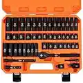 HORUSDY 3/8" Drive Impact Socket Set, 50-Piece Standard SAE (5/16 to 3/4 inch) and Metric (8-22mm) Size, 6 Point, Cr-V, 3/8-Inch Drive Ratchet Handle, Drive Extension Bar, Impact Universal Joint