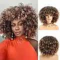 JStineke Curly-Wigs-for-Black-Women Short-Afro-Curly-Wig-with-Bangs Synthetic-Hair-Replacement-Wigs-for-African-American-Women Ombre-Brown-Wigs (ombre brown)
