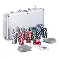 Relaxdays Poker Set, 300 Fiche, 2 Mazzi di Carte, 5 Dadi, Dealer Button, Valigetta in Alluminio richiudibile, Argento, Multicolore, 10023519