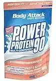 Body Attack Power Protein 90, Fragola-Cioccolato bianco, 500g, 5K proteine in polvere con proteine del siero di latte, L-carnitina e BCAA per la costruzione muscolare e il fitness.