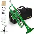 Vangoa Bb Trumpet Standard Brass Green Trumpet for Beginners Students with Hard Case, Stand, 7C Mouthpiece, Gloves, Valve Oil and Cleaning Kit