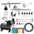 SAGUD Air Brush Kit with Compressor, Airbrush Gun 0.3 0.5 mm with Accessories Nozzle Needle Hose Holder Bottles and Acrylic Paint Set for Professional Painting