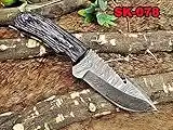 8" Long Gut Hook Skinning Knife, Hand Forged Damascus Steel, Full Tang Blade, Bull Horn Camel Bone & Damascus Bolster, Cow Leather Sheath (Dollar Wood)