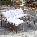 Homsido Patio Rope Woven Furniture Set of 3,Boho Sectional Outdoor Right Left L-Shaped Conversation Sofa for Backyard,Porch,Detachable Lounger with White Thickness Cushions, Side Table, 3 Pieces