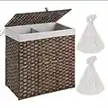 Laundry Basket with 2 Removable Liner Bags, Handwoven Synthetic Rattan Laundry Basket with Lid and Handles, Laundry Room, Bathroom Large Natural 22 * 12 * 24 in (BROWN)