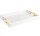 Modern Elegant 18"x12" Rectangle White Glossy Shagreen Decorative Ottoman Coffee Table Perfume Living Room Kitchen Serving Tray with Gold Polished Metal Handles by Home Redefined for All Occasion's
