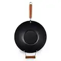 Ken Hom Carbon Steel Non-Stick Wok, 35cm, Classic, Stir-Fry Pan, Wooden Handle, Flat Base, Includes 1 x Chinese Wok Pan, Non-Induction, KH335001